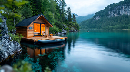 Obraz premium Tranquil cabin retreat on serene lake nature escape stunning landscape peaceful environment evening reflection