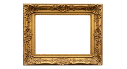 Ornate gold picture frame cutout isolated on transparent bg, png