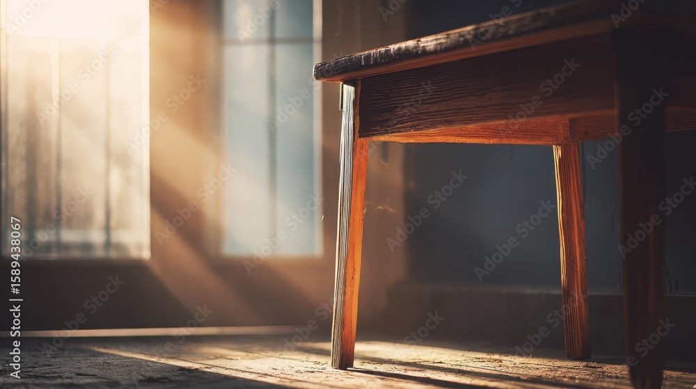 Poster rustic wooden table with warm light filtering through, captivating image of texture and ambiance