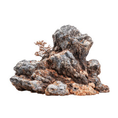 Decorative rock formation, sculpted and layered, in muted earth tones.  Small, muted plant on top