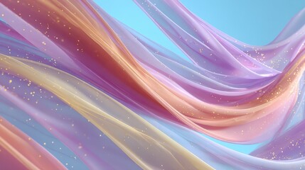 Flowing pastel-colored ribbons with gentle curves and sparkling golden particles against a soft blue background.