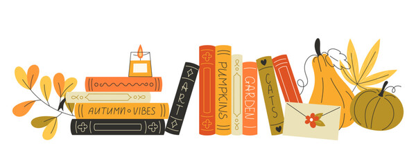 Cozy Autumn Bookshelf with Pumpkin Decor and Candle Flat Illustration