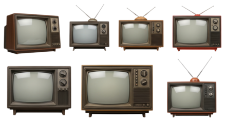Vintage television set collection with various designs and colors cutout isolated on transparent bg, png
