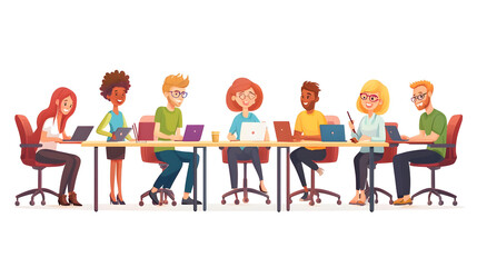 Diverse group of people seated around a table, working on laptops.  They appear to be collaborating or in a meeting