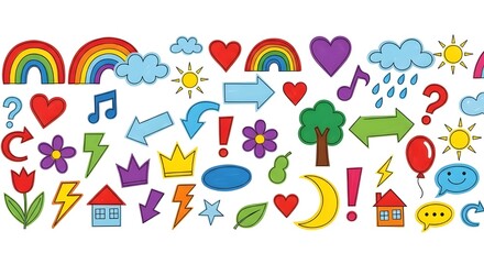 Colorful cartoon icons and symbols on white background