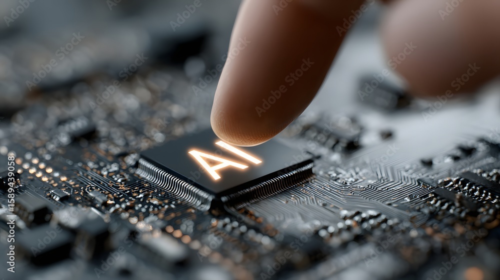 Poster ai chip activation: finger pressing on artificial intelligence microprocessor