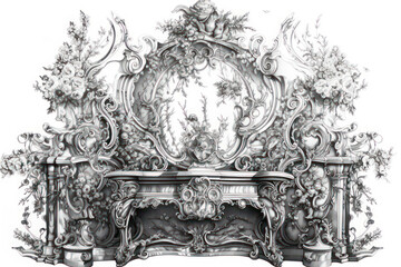 Fototapeta premium A luxurious black and white illustration, executed in the technique of graphic drawing, depicting a decorative baroque portal with rich ornamentation, flower garlands and curls. 