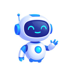 Happy robot. 3d ai character, chat bot mascot isolated on white background, GPT chatbot icon. Artificial intelligence, trendy technology, support service, funny automation