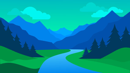 mountain landscape, river, tree in the mountains vector illustration