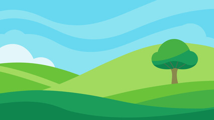 Obraz premium Gentle undulating green hills stretch towards a distant horizon under a bright blue sky