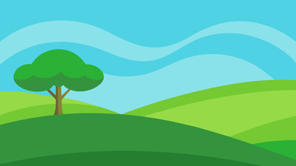 Fototapeta premium Gentle undulating green hills stretch towards a distant horizon under a bright blue sky