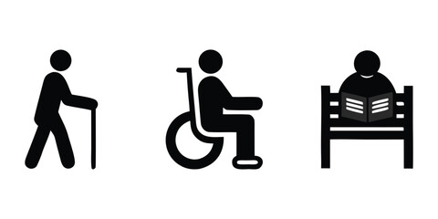 Modern Elderly People Silhouette Icons Black and White Vector for Senior Services and Community Care