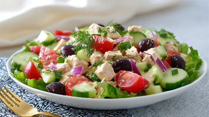 Salad with tuna, olives, cucumber, tomato and onion