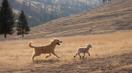 Naklejka premium Golden retriever puppy and lamb running in a field