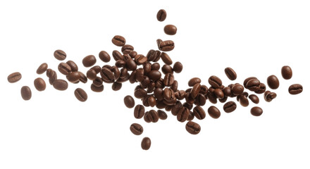 Coffee beans scattered on a white background, cutout isolated on transparent bg, png
