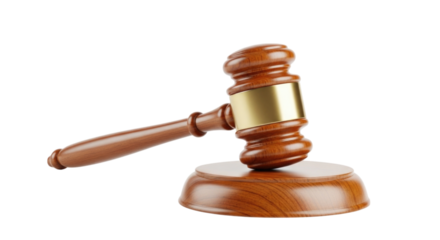 Wooden gavel with a gold band resting on its base cutout isolated on transparent bg, png