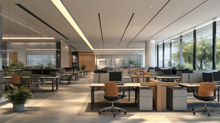 The modern open-plan office with a clean, organized layout. The workspace features rows of individual desks equipped with computers and ergonomic office chairs, separated by privacy screens.