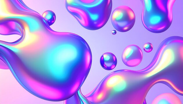 Holographic Liquid Blobs in Motion with Iridescent Colors on Purple Background