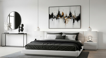 Modern minimalist bedroom interior design featuring a large abstract painting, white furniture, and dark gray bedding.