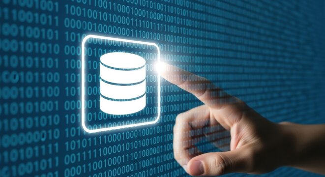 A finger touches a glowing database icon against a backdrop of binary code