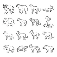Collection of wild animals in outline style isolated on white background