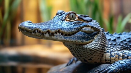 Fototapeta premium Close-up view of a young alligator's head and snout.