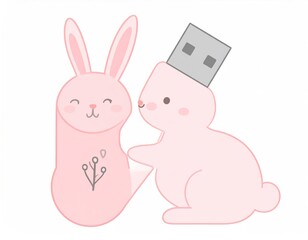 Fototapeta premium Pink Bunny USB Drive Illustration on White Background Digital School Tool in Pastel Style