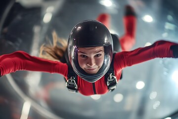Young girl indoor skydiving with helmet and red suit for fun and adventure in wind tunnel
