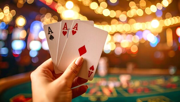 Hand holding three aces at a casino