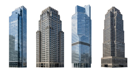 Modern skyscrapers with distinct architectural designs in a city skyline cutout isolated on transparent bg, png