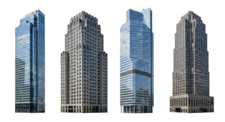 Modern skyscrapers with distinct architectural designs in a city skyline cutout isolated on transparent bg, png