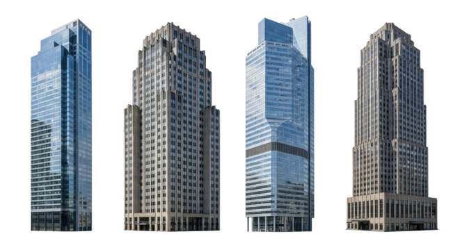 Modern skyscrapers with distinct architectural designs in a city skyline cutout isolated on transparent bg, png