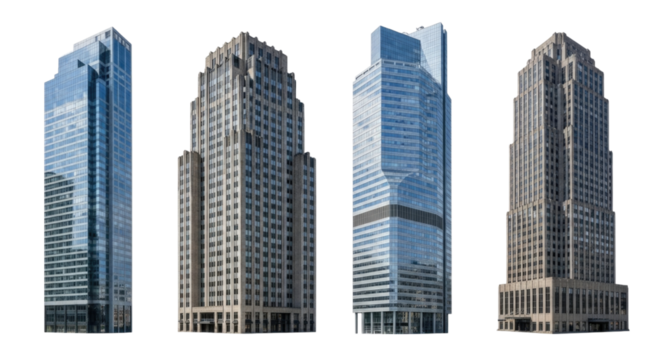 Modern skyscrapers with distinct architectural designs in a city skyline cutout isolated on transparent bg, png