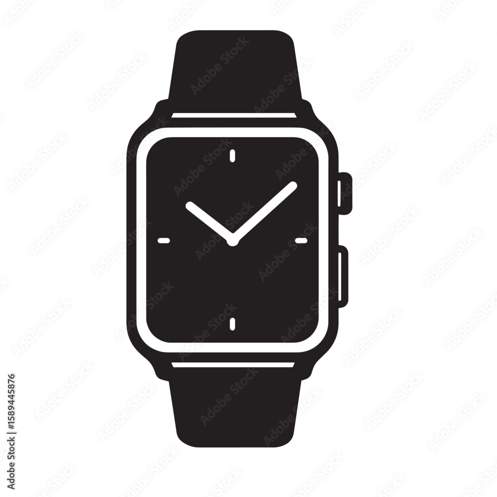Poster simple black and white illustration of a modern smartwatch showcasing time display and connected fun
