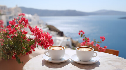 Two cups of coffee on the terrace with beautiful view on see