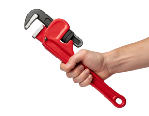 Hand Holding a Large Red Pipe Wrench – Isolated on Transparent Background