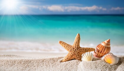 seashells and starfish on sunny beach sand with turquoise ocean background