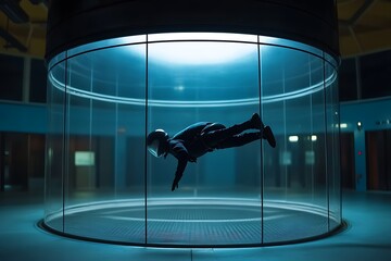 Indoor skydiving simulator experience with man in wind tunnel for extreme sports