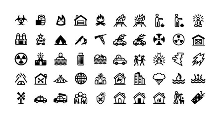 War Consequences Line Icon Set – Thin Linear Vector Pictograms of Destruction, Displacement, Humanitarian Crises, Refugee Camp, Mass Migration, Power Outage, Graveyard, and Orphaned Child