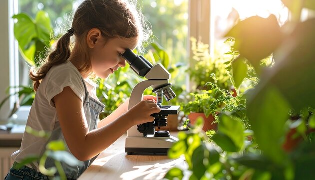 Young girl examining plants with a microscope
