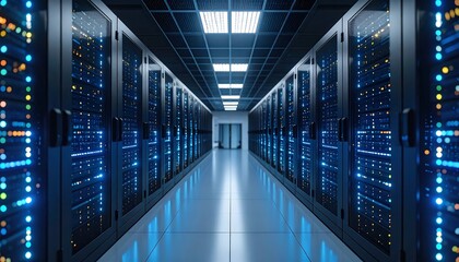 Server room interior, illuminated