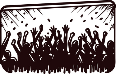 Obraz premium Energetic cheering crowd silhouette with raised hands at concert or festival, confetti falling, festive celebration scene