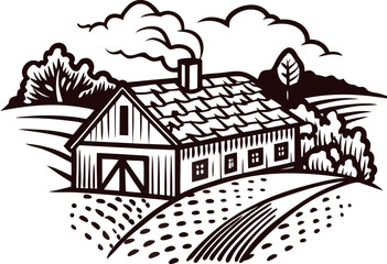 Fototapeta premium Rustic countryside barn with smoking chimney and landscape fields in vintage engraved sketch