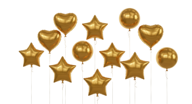 Golden balloons in various shapes floating against a white background, cutout isolated on transparent bg, png