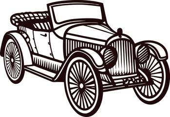 Classic vintage convertible car illustration with detailed wheels and open top in retro engraved
