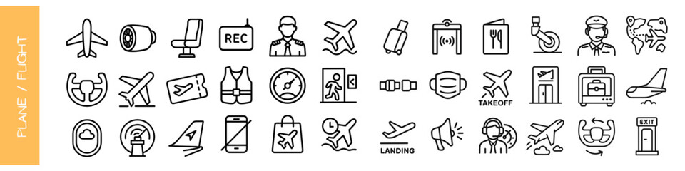 Icon set of various plane travel symbols isolated in minimalist style  