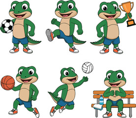 Fototapeta premium Active cartoon alligators playing various sports and celebrating victory, perfect for athletic themes.