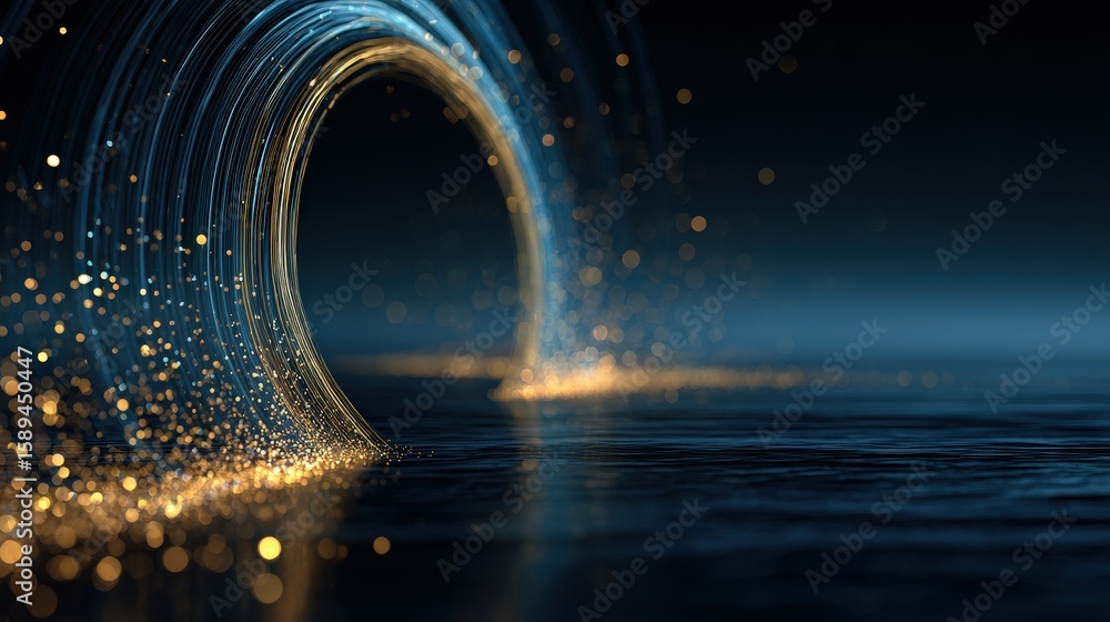 Poster a dynamic, glowing light tunnel of golden particles spirals above a dark, reflective surface, creati