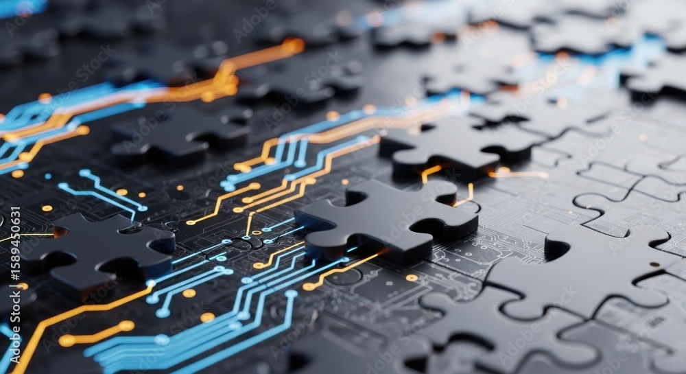 Poster intricate puzzle pieces merge with glowing blue and orange circuits, symbolizing technological integ