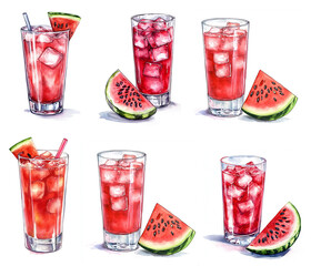 Watercolor illustration set of six finely hand-painted watermelon juice glasses with red watermelon pieces at the bottom.